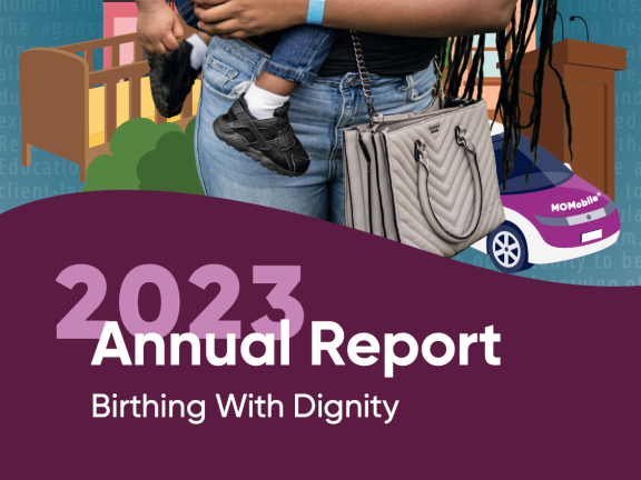 Annual report cover with mom holding baby