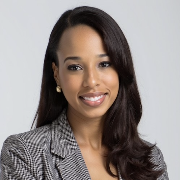Headshot, Nicole has dark hair past her shoulder. Wearing a grey jacket and white shirt underneath, she is smiling