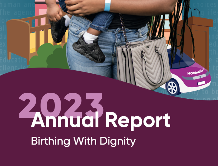 Annual report cover with mom holding baby